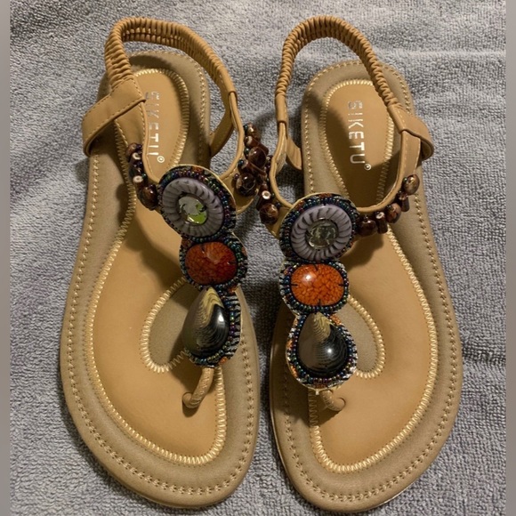 Siketu Shoes - #S703 - SIKETU Boho Beige + Faux Jewel Stone Flat Sandals, Womens Size 8M (US)